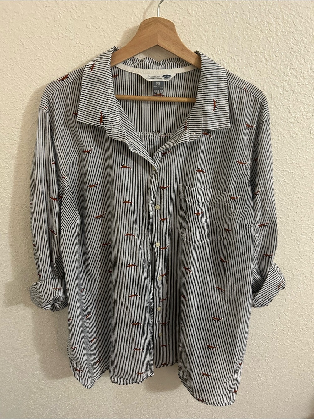 Old Navy Black & White Striped Button-Down Shirt with Red Fox Motif
